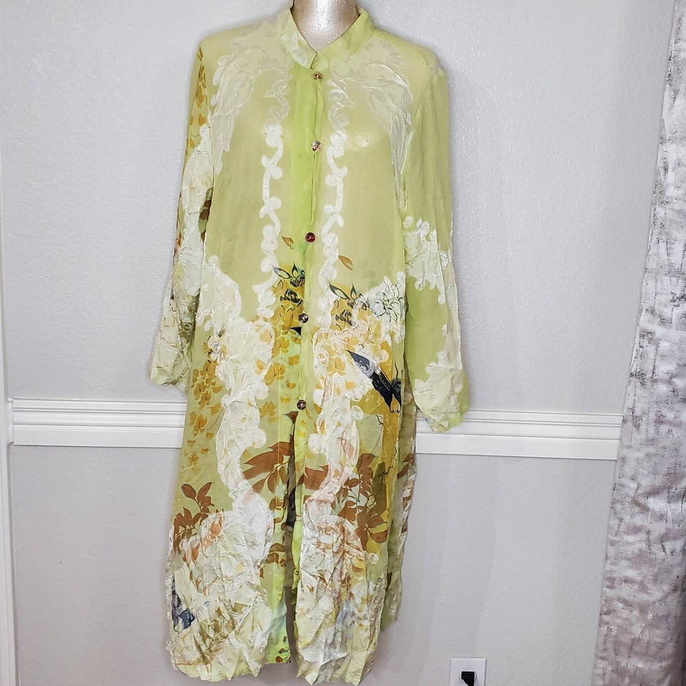 Citron Santa Monica Silk Blend Kimono Cardigan Open Front Jacket Size 0X Green